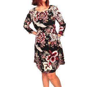 Nicole Miller Fit and Flare Black Floral Crane Dress Sz 10